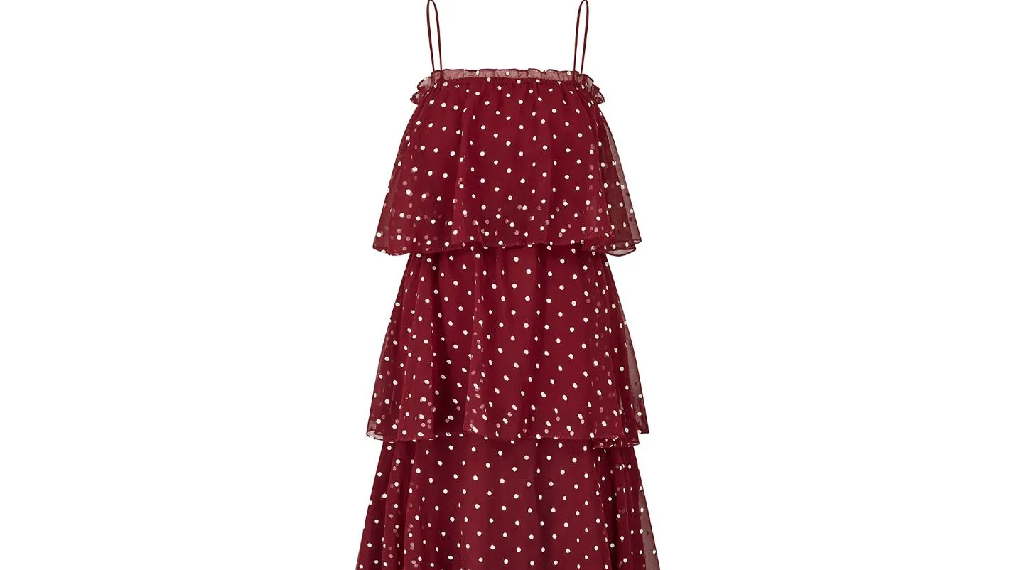 1970s Norman Berg Burgundy and White Polka Dot Tiered Dress