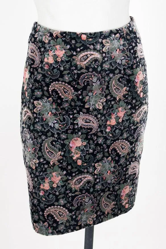 1990s Velvet Floral Paisley Pencil Skirt