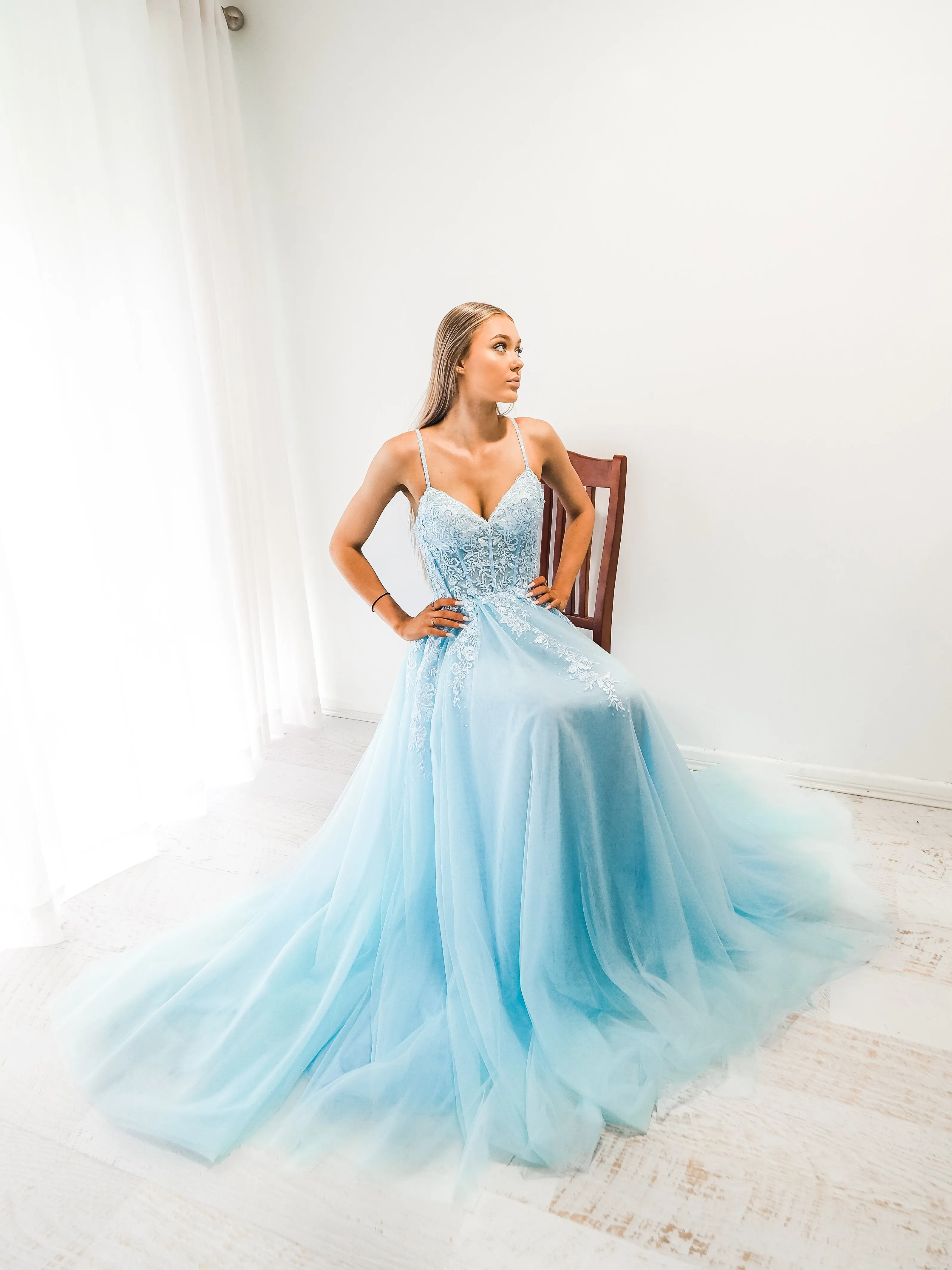 Baby blue tulle corset lace princess dress with lace up back for hire