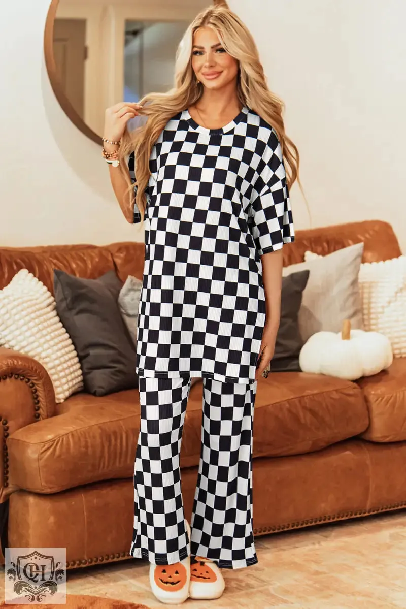 Black Checkered Print Half Sleeve Tunic Top and Flared Pants Set