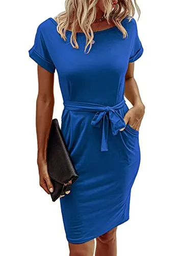 Blue Summer Dresses Round Neck Short Sleeve T Shirt Midi Casual Dress Tie Waist with Pockets - Jaksenr