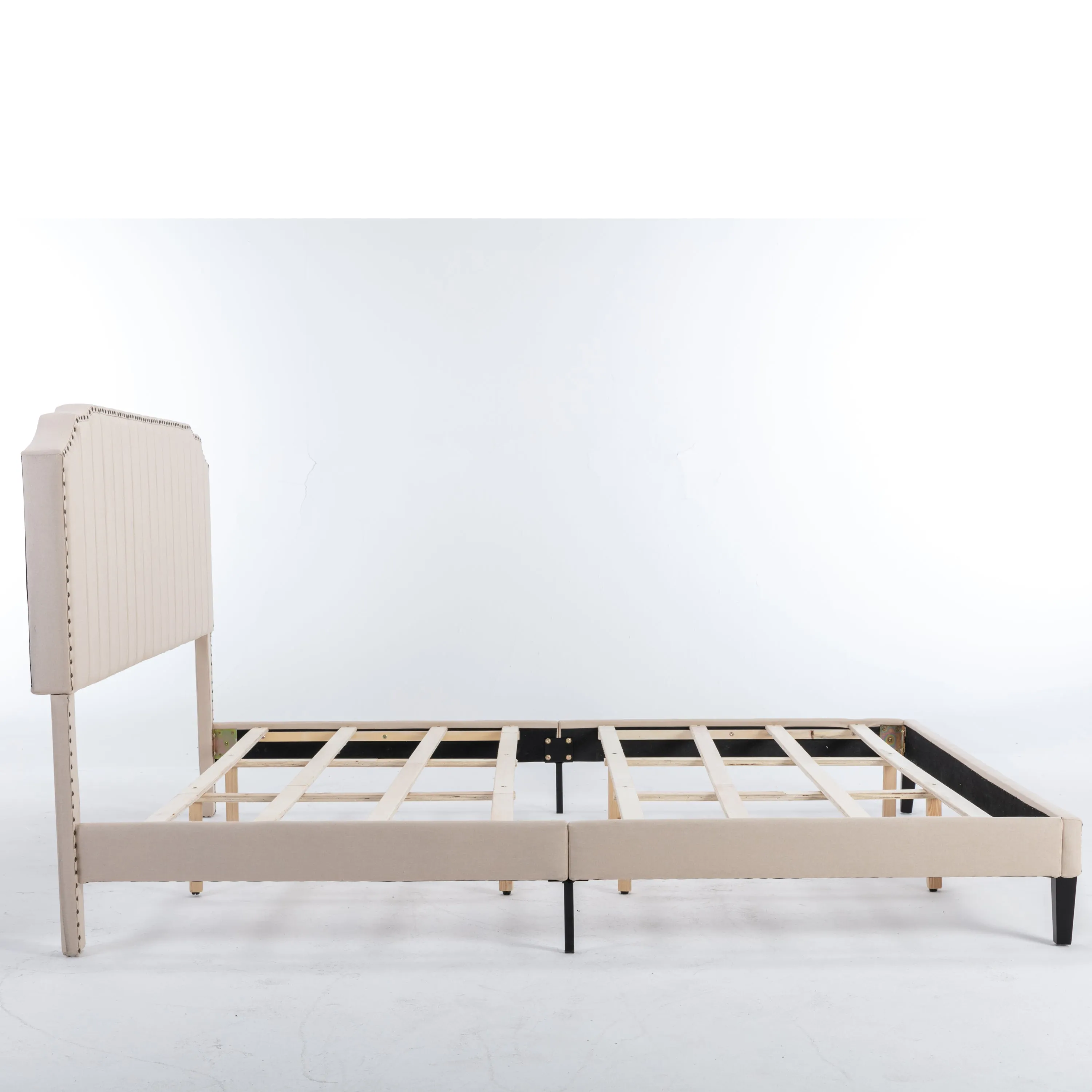 DongHeng King Size Bed with Headboard,Modern Linen Curved Upholstered Platform Bed,Solid Wood Frame,Nailhead Trim,Beige