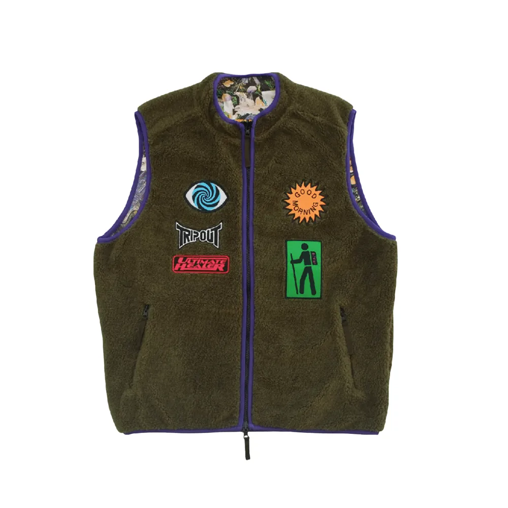 GOOD MORNING TAPES - REVERSIBLE POLAR FLEECE ZIP THRU VEST MOSS/SHROOM