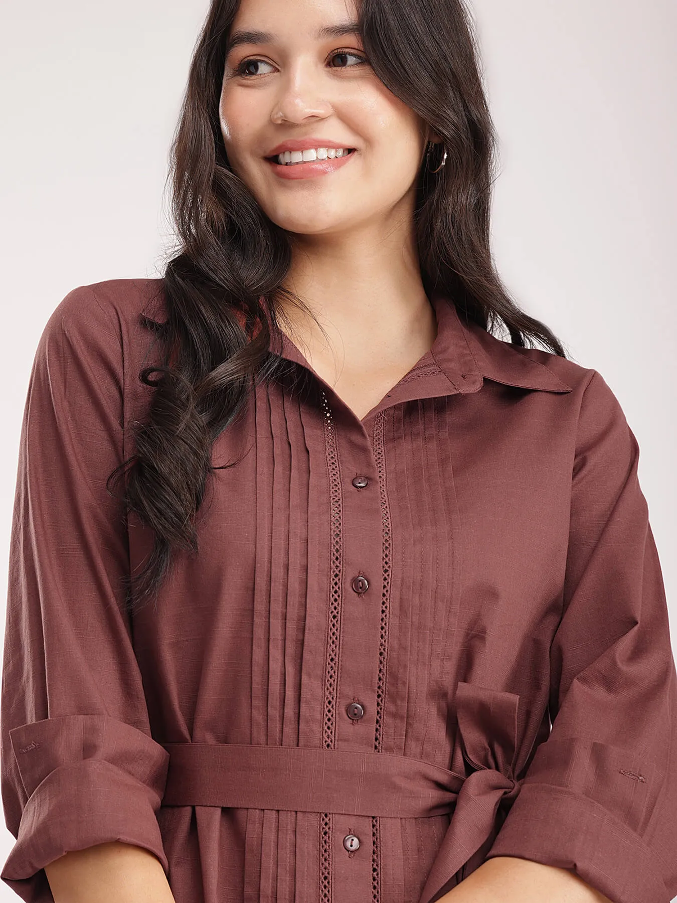 Linen Shirt Dress - Brown