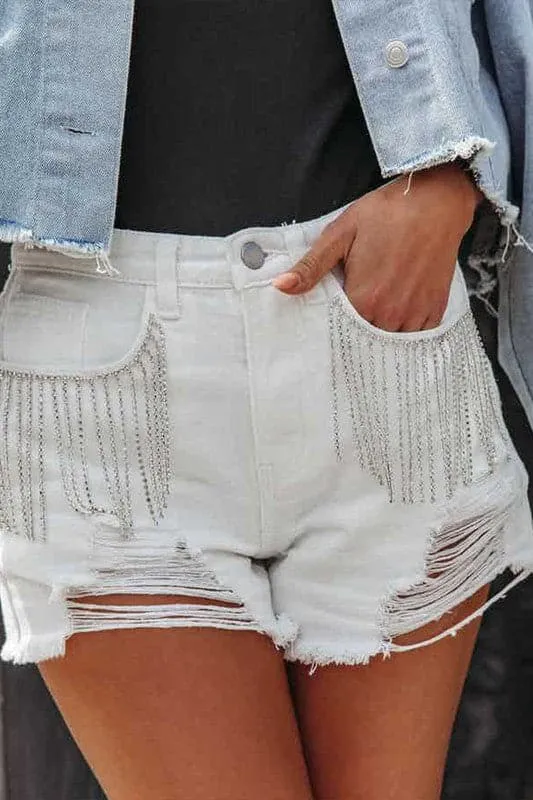 PZ720 Tassel Ripped Denim Shorts