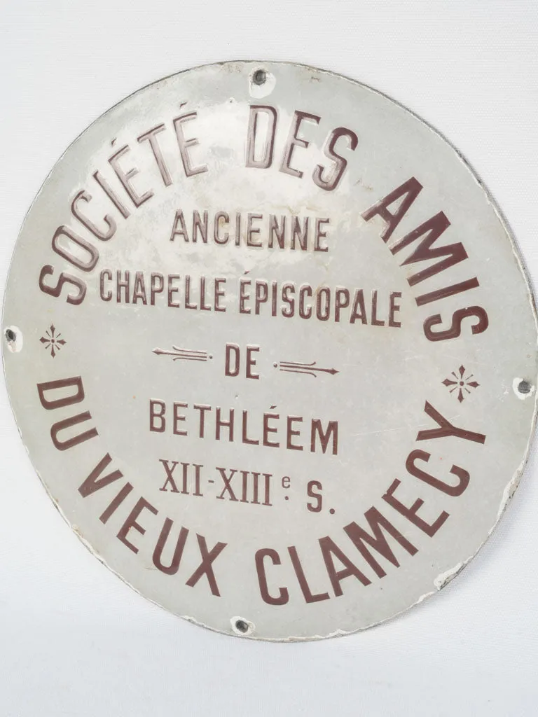 Round antique French enamel sign from a chapel 15¾"
