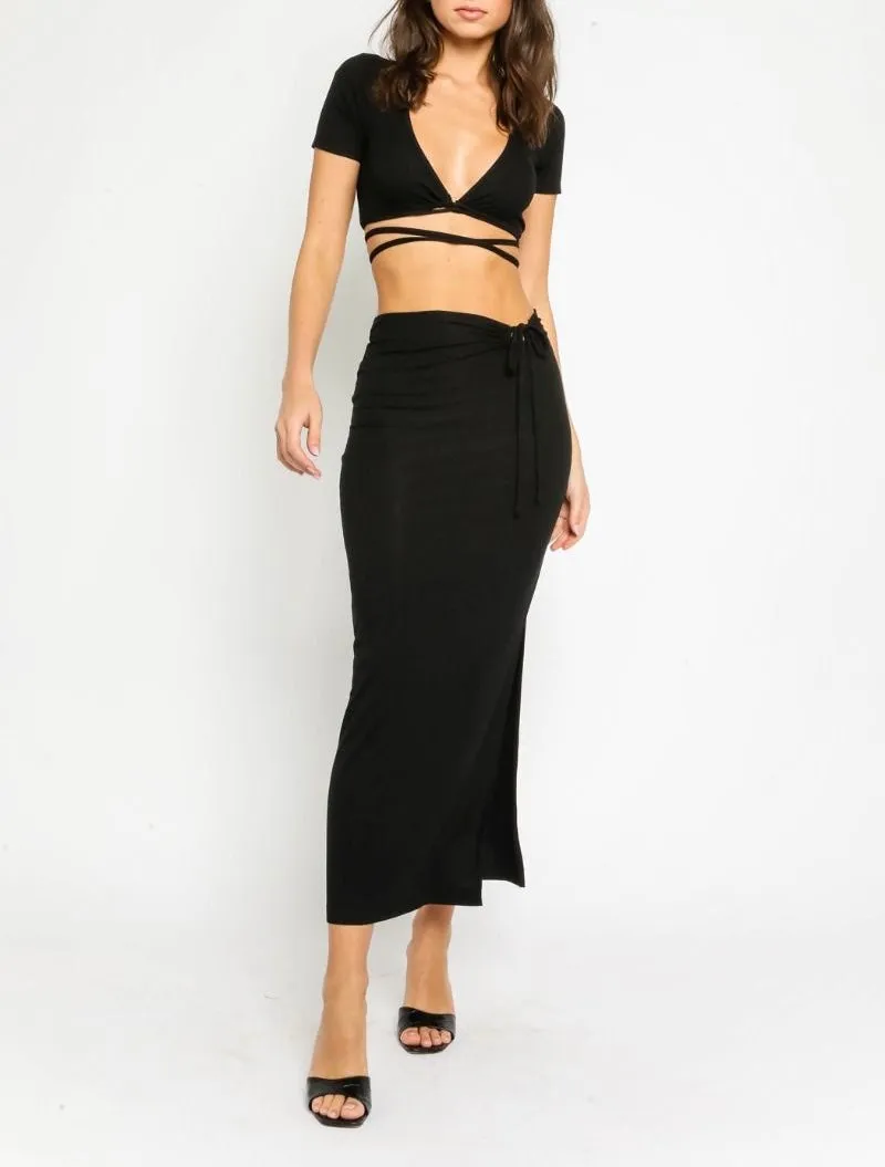 Tie Side Slit Maxi Skirt