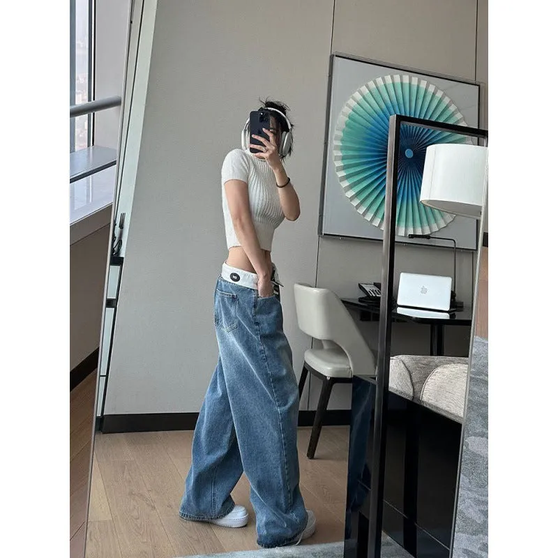 Uniwim y2k outfits American Retro Jeans Design Waist Head Flanging Loose Wide-Leg Pants Simple Casual Straight Pants Ins
